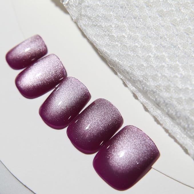 Rose Purple to White Gradient Press On Nails Short Square Cat Eye Nails, Fashion Gel Fake Nails, Reusable Acrylic Fake Nails, Glossy Stick On Nails for Women, Glue On Nails Kit, Purple Moonlight Glow