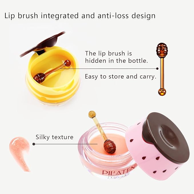 4PCS Bee Lip Balm Honey Lip Balm,Exfoliating Honey Pot Lip Balm Sleeping Lip Mask with Brush, Hydrating & Prevention Dry and Cracked, Lip Scrubs Exfoliator & Moisturizer-VivaGrace Women