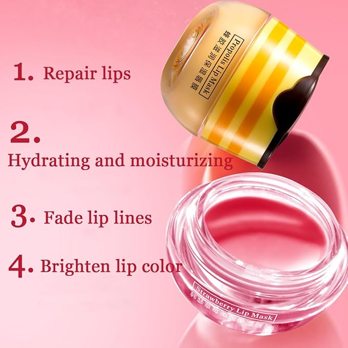 2 Pcs Bee Lip Balm Honey Pot,Honey & Strawberry Lip Mask Propolis Moisturizing Lip Balm with Stick,Prevention Dry and Cracked Lip Scrubs,Exfoliator Lip Wrinkle Skin Care Products-VivaGrace Women