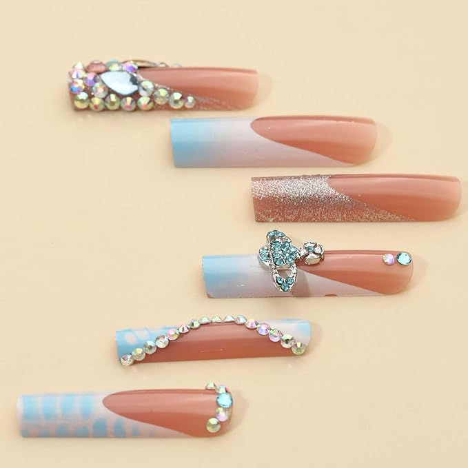 Square Press on Nails Long Nails Press Ons with Design Rhinestone Glue on Nails French Tip Nails for Women 24pcs (Seafoam)