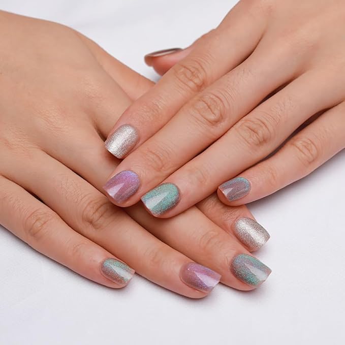 Spring Press on Nails Short Square Four-Color Combination Cat Eye Press on Nails Fashion Gel Fake Nails, Reusable Acrylic Fake Nails Glossy Stick on Nails for Women Glue on Nails Kit, Iridescent Jewel