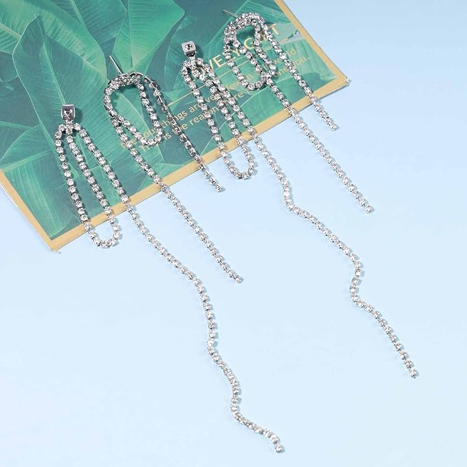 Rhinestone Tassel Ear Jacket Earrings Long Rhinestone Chain Earrings Silver Crystal Tassel Earrings Vintage Chandelier Chain Earrings Luxury Statement Earrings Jewelry for Women and Girls Gifts-VivaGrace Women