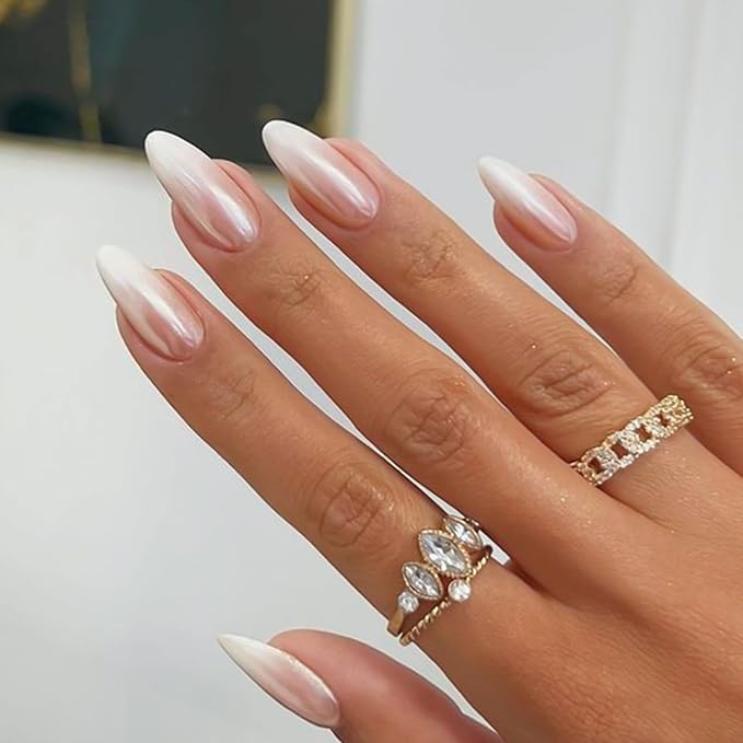 Chrome Fake Nails Almond Medium Press on Nails with Mirror Designs Glossy Ombre Nude False Nails Stick on Acrylic Nails for Women