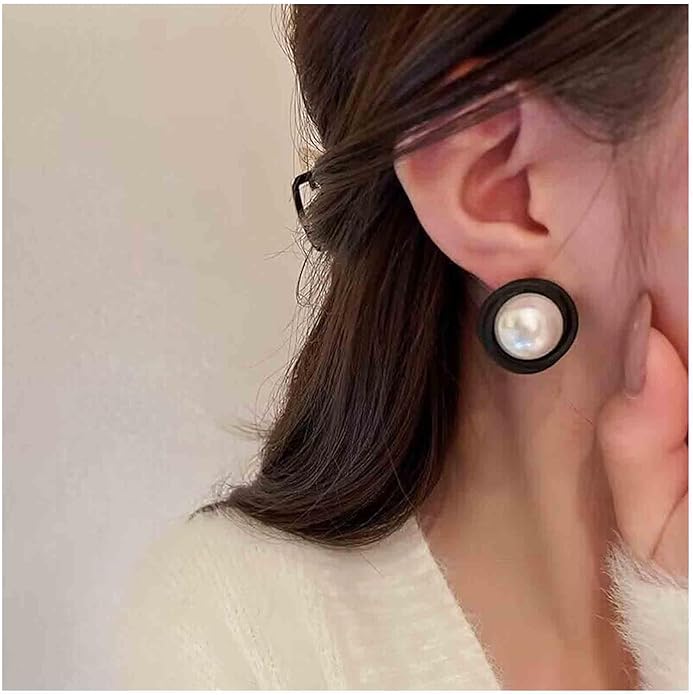 Vintage Mermaid Pearl Stud Earrings Half Pearl Earrings Black Enamel Circle Earrings Mermaid Stud Earrings Jewelry for Women and Girls-VivaGrace Women