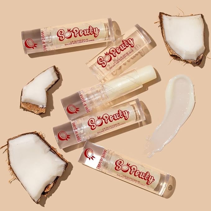 wet n wild Perfect Pout So Pouty Shine Tinted Lip Balm Coconut Flavored, Hyaluronic Acid, Vegan Collagen, Moisturizing For Dry Lip Care, Clear (Pack of 2)-VivaGrace Women