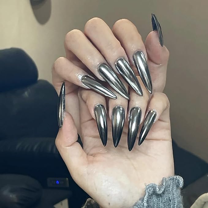 24pcs Silver Chrome Press On Stiletto Glossy Mirror Full Cover Acrylic Ballerina Glue On Almond Shape False Nails for Women & Girls