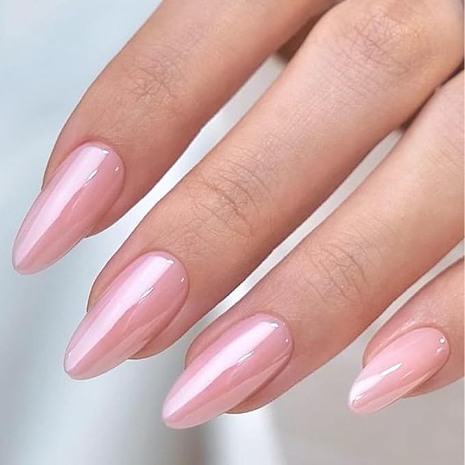 Pink Chrome Press on Nails Almond Medium Fake Nails with Designs Full Cover False Nails Glossy Glue on Nails for Women and Girls