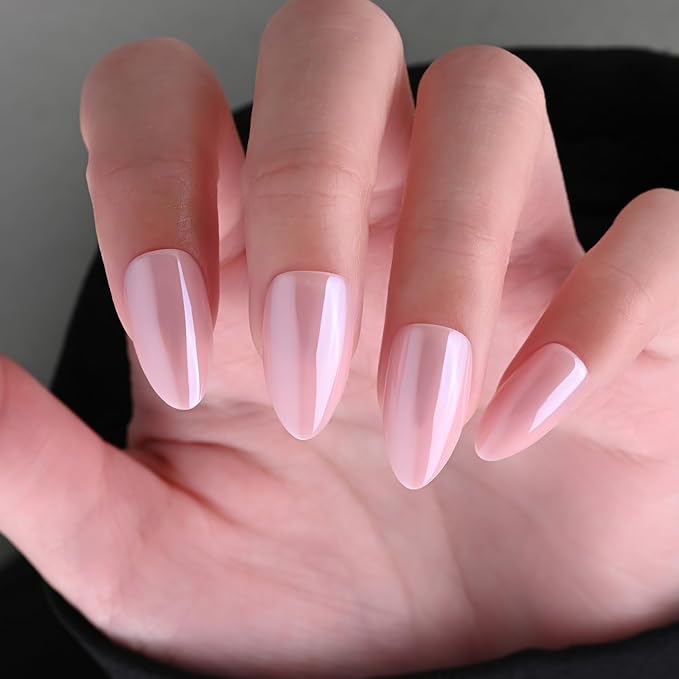 Chrome Press on Nails Short Almond, Pink Press on Nails Almond, Fashion Gel Spring Fake Nails, Reusable Glossy Stick on Nails for Women, Glue on Nails Kit,15 Sizes - 30Pcs