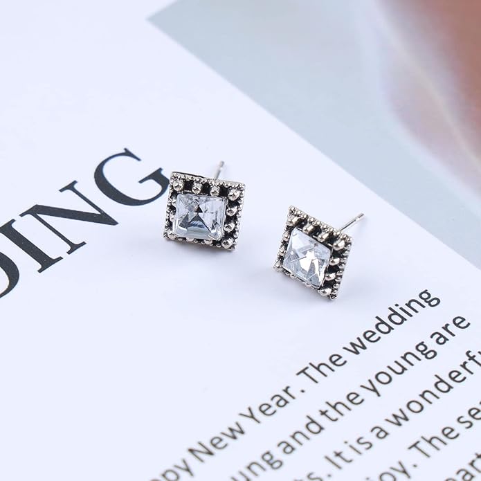 Boho Tiny Crystal Square Earrings Silver Cz Square Earrings Cz Rhinestone Square Stud Earrings Silver Geometric Earrings Jewelry for Women and Girls-VivaGrace Women