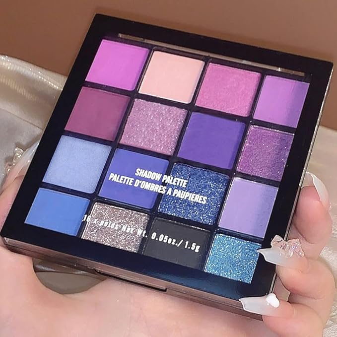 16 Colors Blue Pink Champange Matte Shimmer Eyeshadow Palette for Eye Makeup,High Pigmented Brown Eye Shadow Primers Powder Palet de sombras de ojos-VivaGrace Women