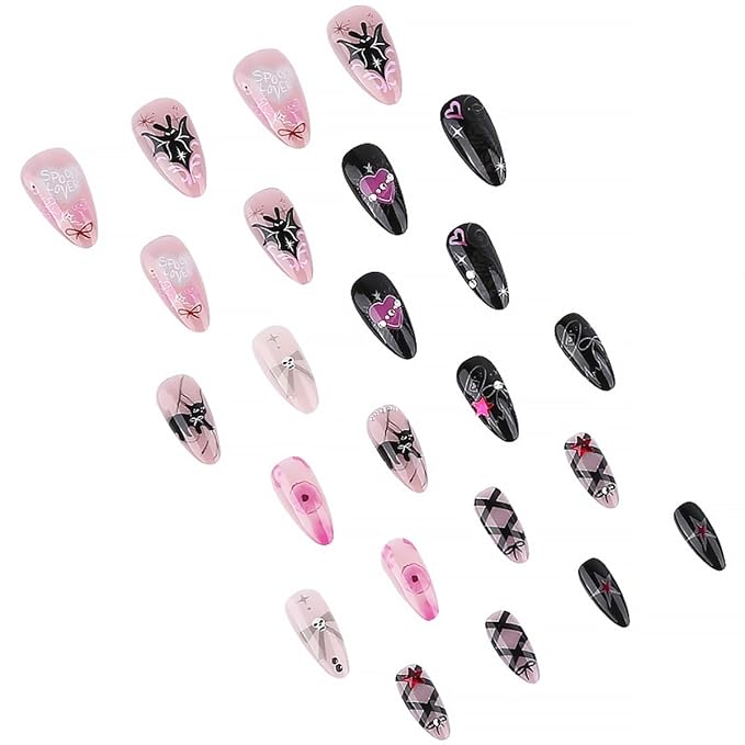 24Pcs Cute Cat Nails Halloween Press on Nails Medium Almond Fake Nails with Gothic Bat Heart Bow Rhinestones Design Y2k Glitter False Nails Halloween Full Cover Artificial Glue on Nails for Women DIY