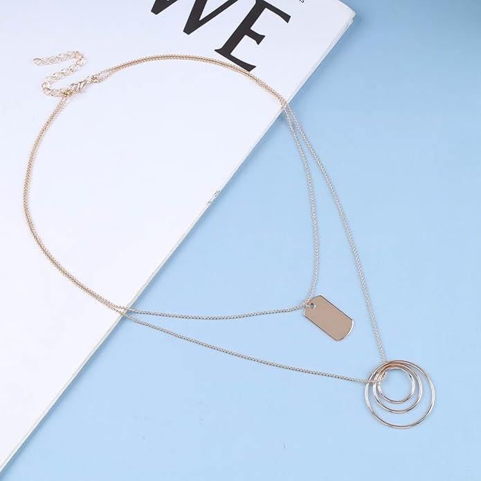 Vintage Layered Square Pendant Necklace Multi Circle Necklace Gold Square Choker Necklace Layer Circle Necklace Jewelry for Women-VivaGrace Women