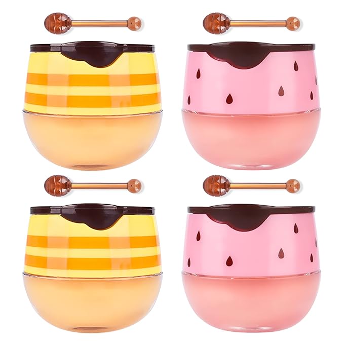 4Pcs Honey Strawberry Lip Balm Honey Pot, Strawberry Lip Sleeping Mask, Overnight Lip Sleeping Mask, Honey Balm Lip Balm Pot, Honey Lip Mask Nourish Lip Scrubs Exfoliator Honey/Strawberry-VivaGrace Women