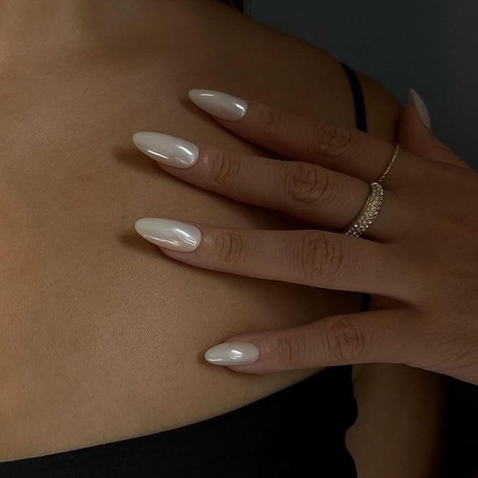 Medium Press on Nails Almond Fake Nails with Chrome Designs Glossy False Nails White Glue on Acrylic Nails for Women and Girls