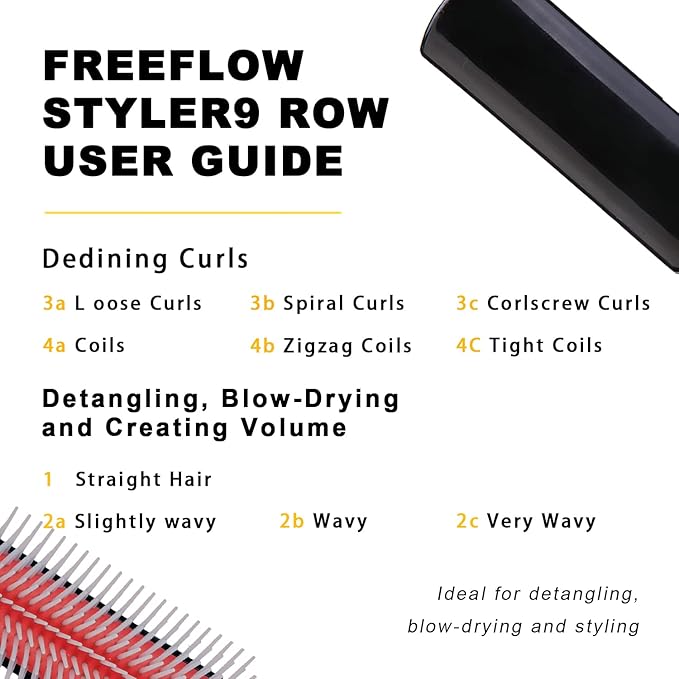 Classic Styling Hair Brush for Wet or Dry Curly Hair. 9 Row Black Brush for Detangling, Separating, Shaping-VivaGrace Women