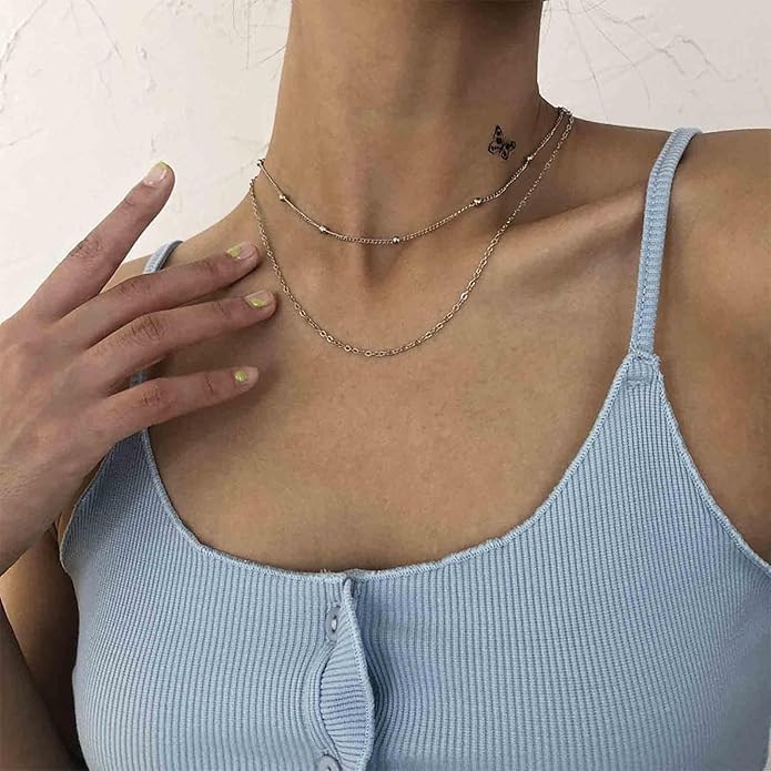 Boho Layered Satellite Choker Necklace Gold Ball Chain Necklace Short Collar Necklace Vintage Double Layer Necklace Jewelry for Women and Girls Gifts