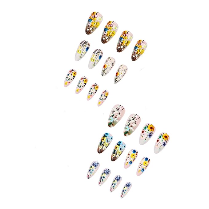 Flower Press on Nails Medium Almond Fake Nails with Leaf Designs Full Cover Stick on Nails Colorful Spring Glue on Nails Daisy Almond False Nails for Women Manicure Art 24Pcs