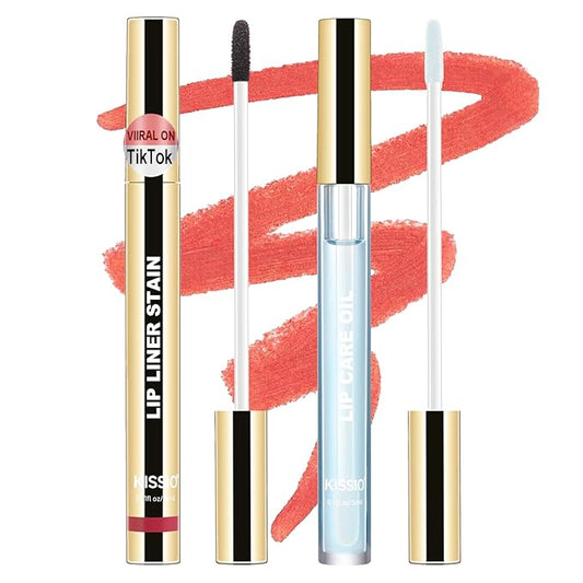 KISSIO Lip Stain Set,Peel Off Lip Liner Stain and Lip Care Oil,Transfer Proof,Long Lasting and Waterproof Lip Tint,Matte Finish,Lip Combo,07 Berry-VivaGrace Women