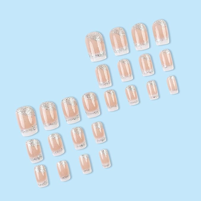 Press on Nails White French Tip Fake Nails Square Medium Length False Nails with Silver Glitter Designs Ombre Glossy Artificial Nails Acrylic Glue on Nails Natural Stick on Nails for Women