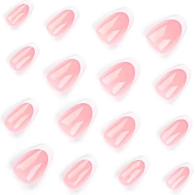 White French Tip Press on Nails Medium Almond Fake Nails Nude False Nails with Design Reusable Acrylic Glue on Nails Glossy Full Cover Stick on Nails for Women Girls Manicure 24pcs