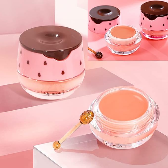 Strawberry Lip Sleeping Mask,Plumping Lip Hydrating Bee Lip Balm Honey Pot Propolis Moisturizing Lip Balm With Stick,Lip Exfoliating Bee Lip Balm Sleeping Lip Mask-VivaGrace Women