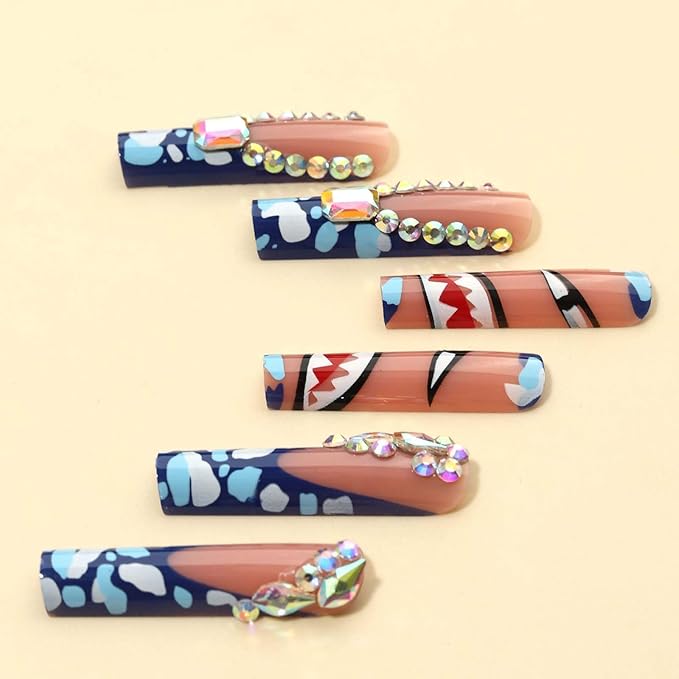Extra Long Press on Nails,Gorgeous Patterns Fake Nails with Rhinestone False Nails(Pink & Blue)