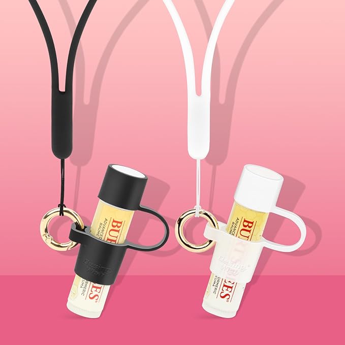 Desing Wish Silicone Lip Balm Holder with Cap Cover Portable Chapstick Holder Keychain Sleeve Lip Balm Key Chain with Key Ring and Neck Strap Lanyard - Black-VivaGrace Women