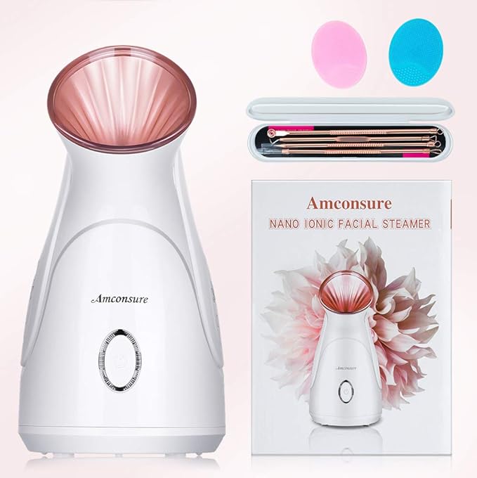 Facial Steamer, Amconsure Nano Ionic Face Steamer for Home, 100ML Warm Mist Humidifier for Women Moisturizing, Unclogs Pores-Bonus Stainless Steel Skin Kit and 2 Face Scrubbers-VivaGrace Women