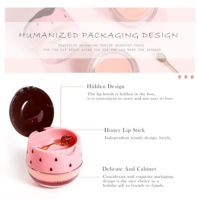 2PCs Strawberry Lip Sleeping Mask,Bee Lip Balm Honey Pot, Bee Lip Honey Pot with Wand Nourishes Lips, Overnight Strawberry Propolis Honey Balm Lip Mask for Lip Care Moisturize Lip Skin-VivaGrace Women