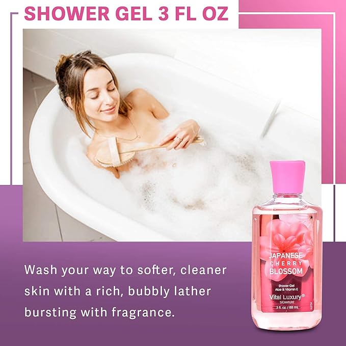 Bath & Body Kit Japanese Cherry Blossom, 3 Fl Oz, Ideal Skincare Gift, Home Spa Set, Includes Body Lotion, Shower Gel and Fragrance Mist, Perfect for Christmas Gifts and Festive Pampering-VivaGrace Women
