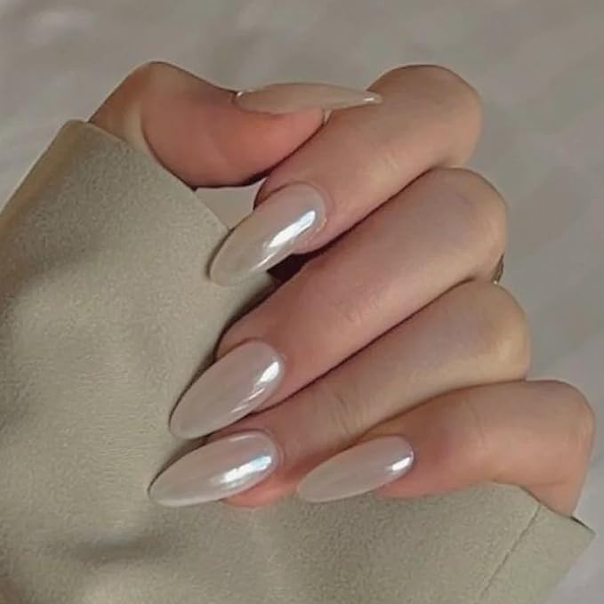 Medium Press on Nails Almond Fake Nails with Chrome Designs Glossy False Nails White Glue on Acrylic Nails for Women and Girls