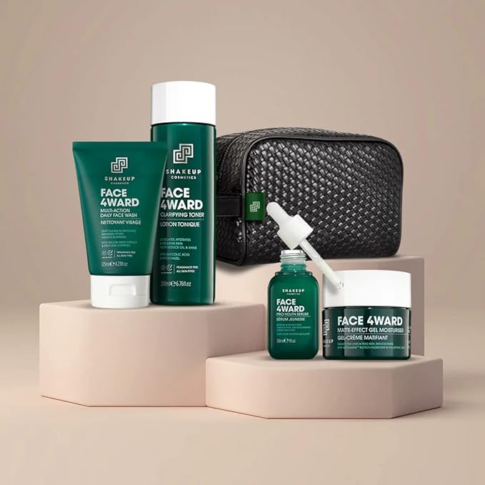 Shakeup - Mens Skincare Routine with Wash Bag, Gift Set, Daily Face Wash, Clarifying Toner, Anti Ageing Serum, Matte-Effect Moisturiser, Plus Wash Bag-VivaGrace Women