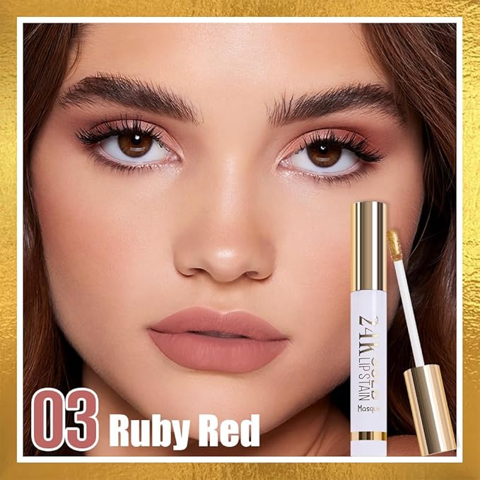 2025 New 24K Gold Liquid Lip Gloss Peel Off Lip Stain Tattoo with Tweezer, Ruby Red Lips Stain Peel Off Masque, Long Lasting Waterproof Lip Tint Stain, Transfer-proof for All Skin Types 03#-VivaGrace Women