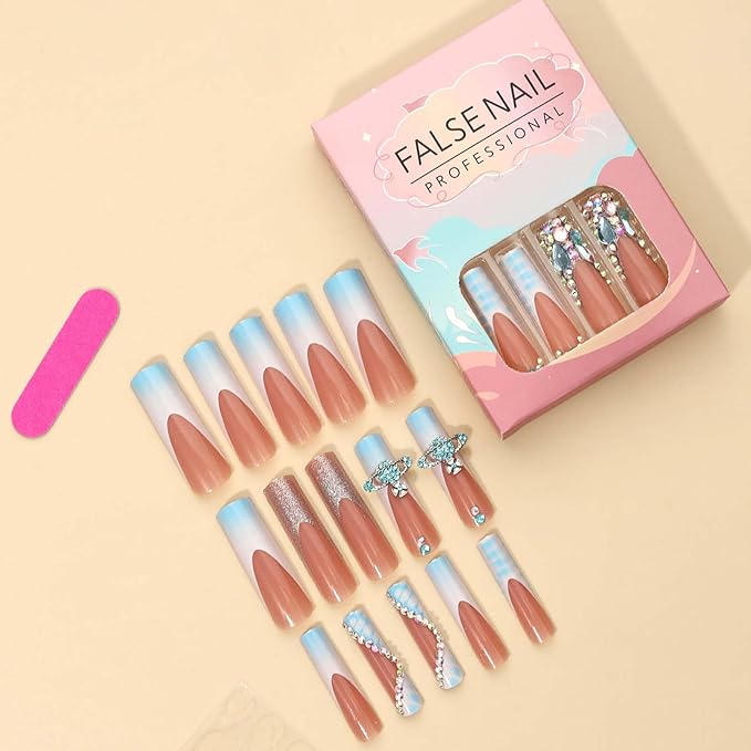 Square Press on Nails Long Nails Press Ons with Design Rhinestone Glue on Nails French Tip Nails for Women 24pcs (Seafoam)