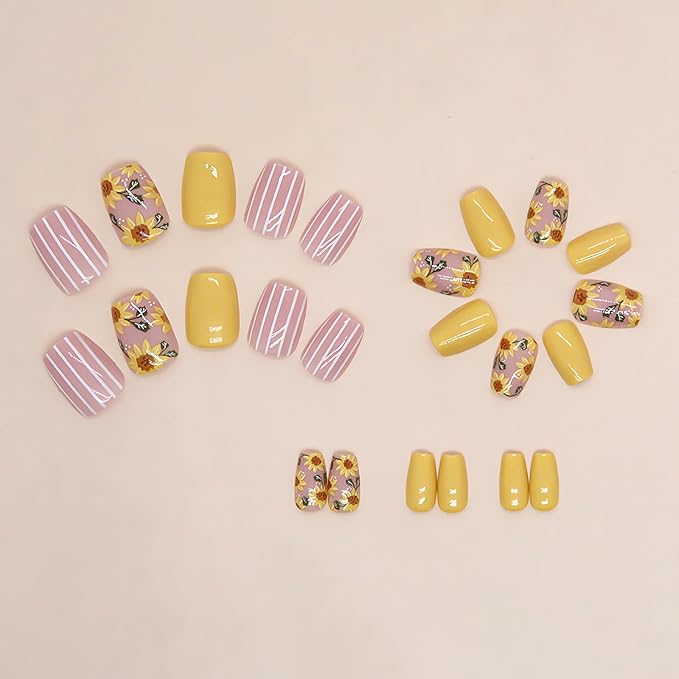 Sunflower Press on Nails Short Fake Nails Square Shape False Nails Summer Yellow Acrylic Nails Cute Flowers Stick on Nails Short Artificial Nails for Women Finger Manicure Decorations, 24Pcs