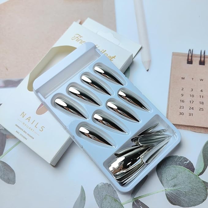 24pcs Silver Chrome Press On Stiletto Glossy Mirror Full Cover Acrylic Ballerina Glue On Almond Shape False Nails for Women & Girls