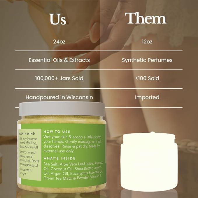 Bare Botanics Matcha Eucalyptus Body Scrub 24 oz - Naturally Scented Sea Salt Scrub Made in Madison, WI - Formulated w/Skin Loving Moisturizers - Vegan, Cruelty Free Exfoliator w/a Cute Wooden Spoon-VivaGrace Women