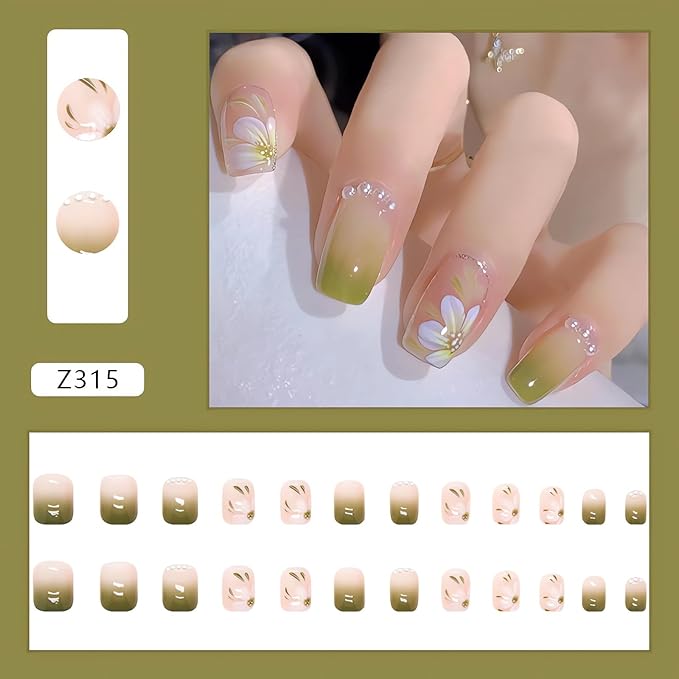 Short Square Fake Nails Spring Green Press on Nails Glossy False Nails with Flower Designs Short Acrylic Nails Full Cover Artificial Glue on Nails Stick on Nails for Women Nail Decorations, 24pcs