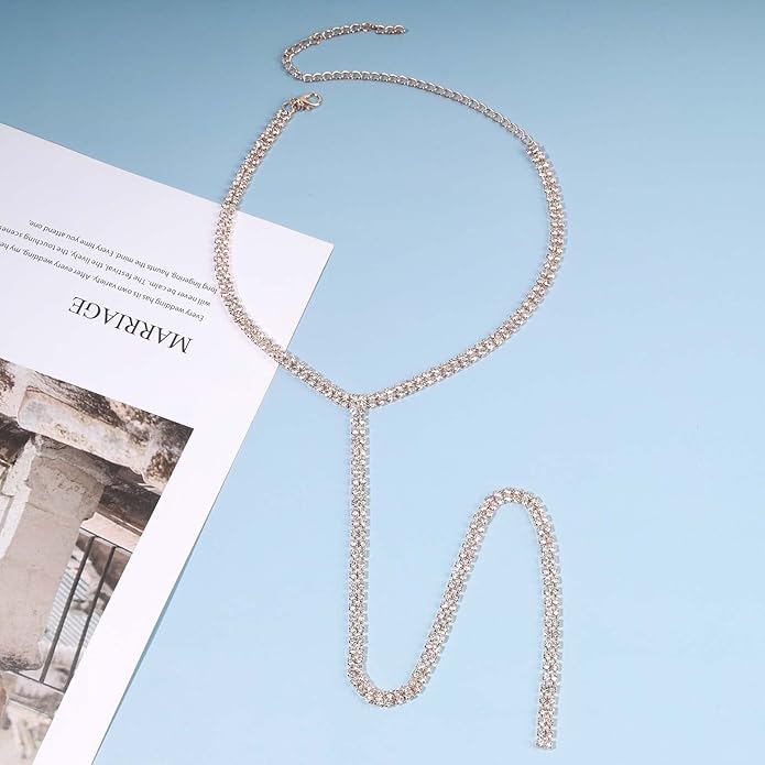 Boho Rhinestone Crystal Y Necklace Tennis Chain Y Lariat Necklace Long Gold CZ Drop Chain Necklace Sparkle Party Nightclub Necklace Chain Jewelry for Women and Girls-VivaGrace Women