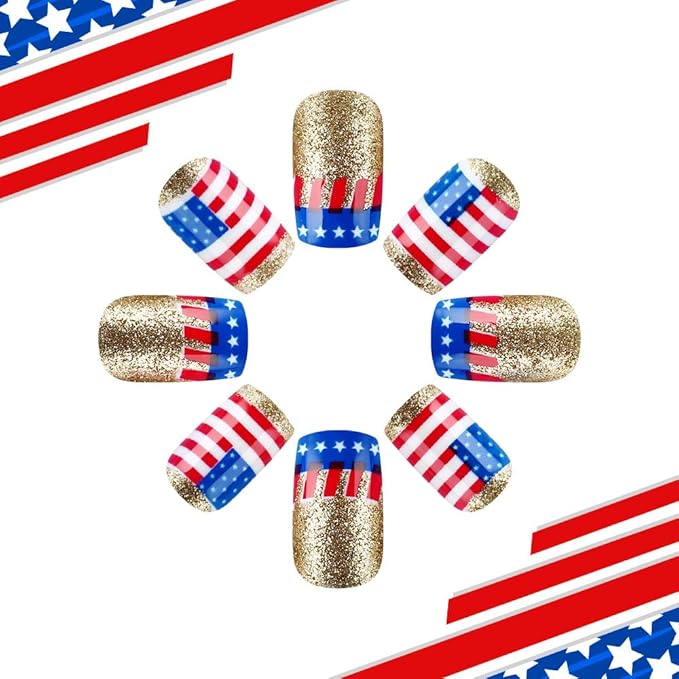 Independence Day Press on Nails Medium Square Fake Nails with Red Blue American Flag Design Gold Glitter False Nails Patriotic Glossy 4th of July Acrylic Nails for Women Girls Manicure 24Pcs