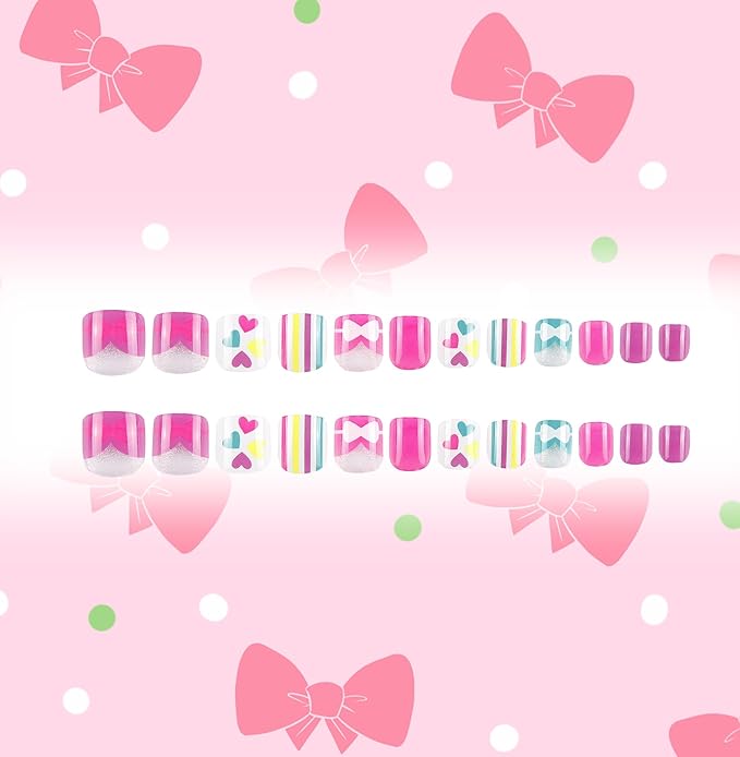Kids Press on Nails Children Fake Nails 72PCS Artificial Nail Tips Adhesive Full Cover Short False Fingernails for Girls Kids Nail Decoration (Bow Tie Heart Unicorn)
