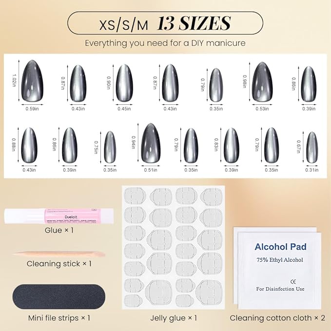 Press On Nails Almond, Shifting Black and Silver Cat Eye Press On Nails Short, Reusable Acrylic Fake Nails, Fashion Gel Fake Nails for Women, Glossy Glue On Nails Kit, Silver Seraph