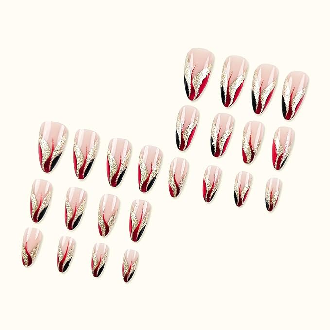 Press on Nails for Women,Almond Press on Nails French Tip Fake Nails Medium False Nails with Gold Glitter Designs Full Cover Glue on Nails Sparkly Artificial Nails Cute Stick on Nails 24Pcs