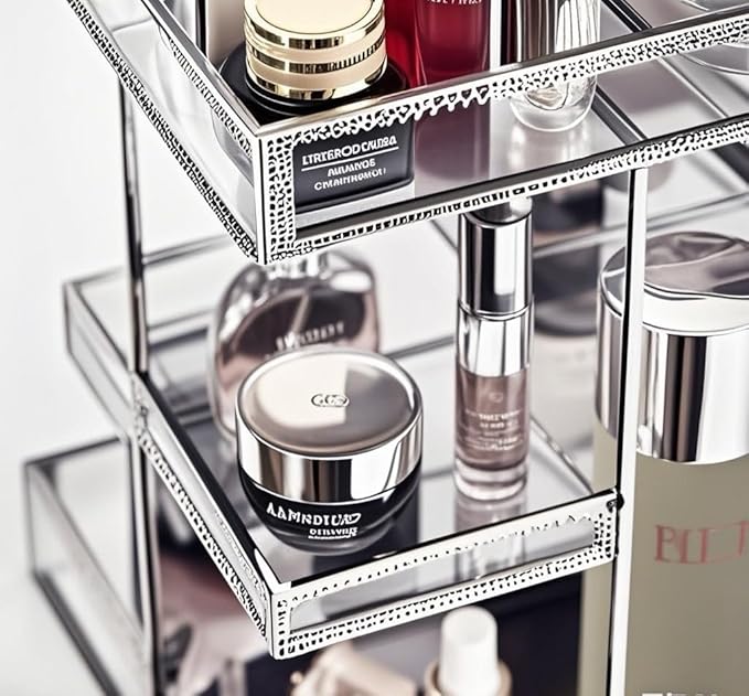 Hersoo 360 Degree Rotation Cosmetic Organizer -Premium Makeup Storage with Spin Base,Antique Countertop Cosmetic Storage,Large Capacity,Beauty Display for Countertop,Vanity or Bathroom (silver)-VivaGrace Women