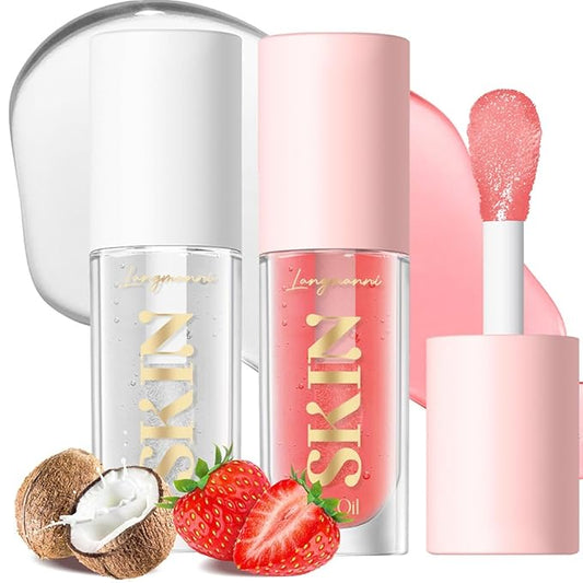2Pack Non-sticky Lip Oil, Moisturizing Glossy/Shiny Lip Gloss Oil PlumpingTint, Hydrating Lip Gloss Lip Balm, Long Lasting Nourishing Fruit Flavoure Lip Oils(Strawberry + Coconut)-VivaGrace Women