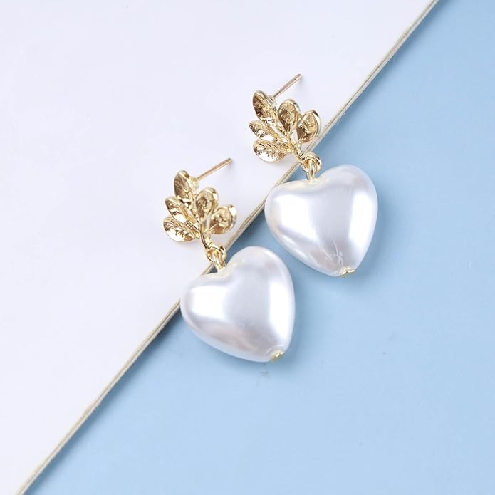 Vintage Pearl Heart Dangle Earrings Heart Pearl Drop Earrings Gold Leaf Stud Earrings Heart Love Earrings Jewelry for Women-VivaGrace Women