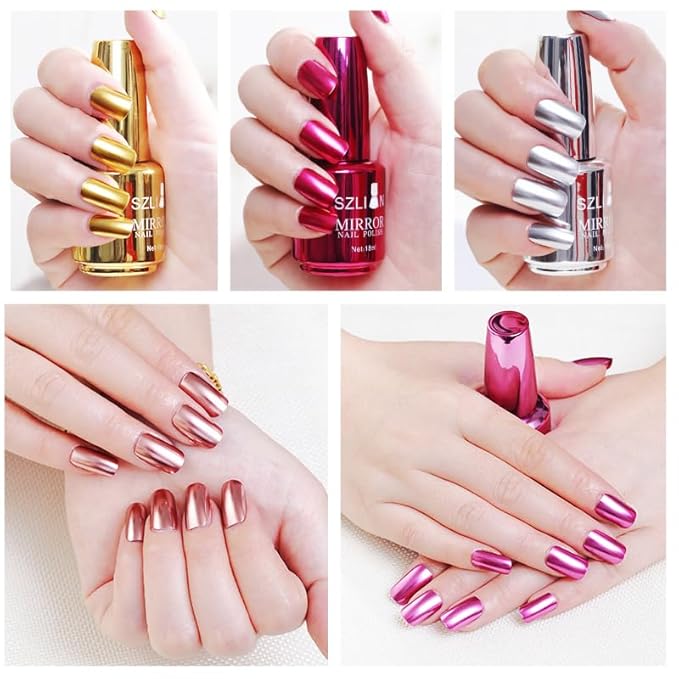Nail Polish Metallic Mirror Effect Metal Long-Lasting Quick Dry Nail Lacquers, Shiny Chrome DIY Manicure (7#, 18ml)