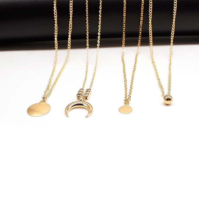 Bohemia Layered Coin Choker Necklace Moon Crescent Pendant Necklace Chain Gold Tiny Ball Necklace Multi Layer Disc Necklace Chain Jewelry for Women and Girls-VivaGrace Women