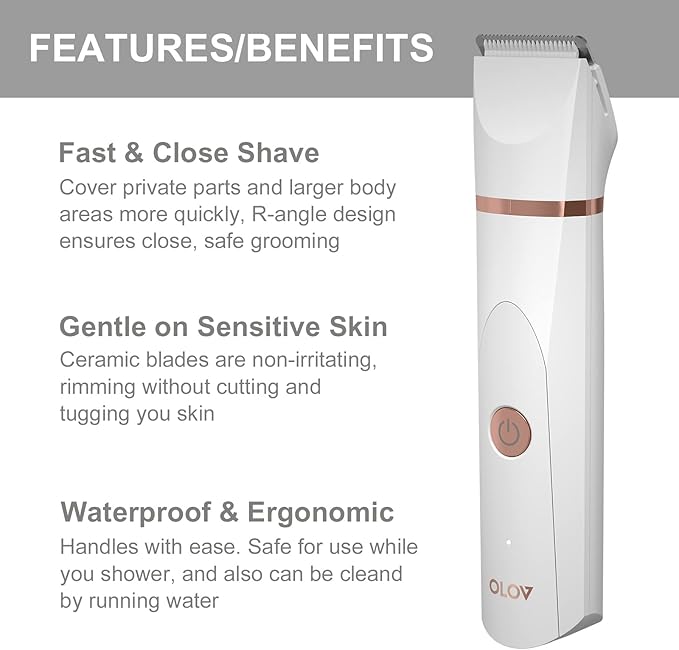 OLOV Electric Body Hair Trimmer - Groin Trimmer for Men - Bikini Trimmer Women - Wet/Dry Shaver Groomer, Replaceable Ceramic Blade Heads, USB Recharge Dock, Waterproof Hygiene Razor, White-VivaGrace Women
