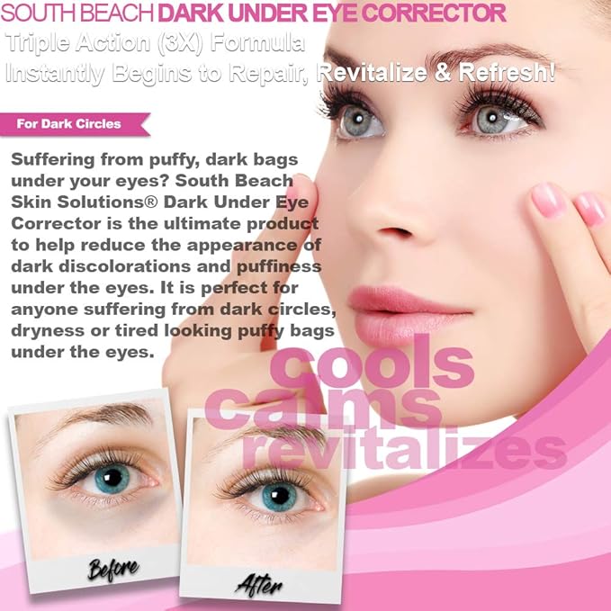 South Beach Dark Under Eye Corrector - Natural Salon Strength Anti Aging Under Eye Cream Treatment - Perfect for Tired Looking Dark Circles, Puffiness, Dark Bags, Dryness - Safe, No Harmful Chemicals-VivaGrace Women